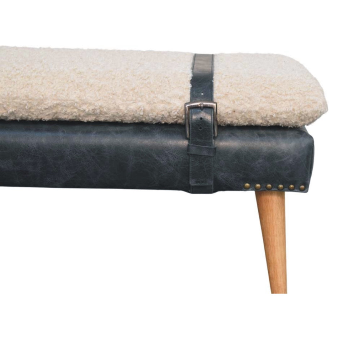 Boucle x Leather Upholstered Bench, Nordic Legs, Black and Beige