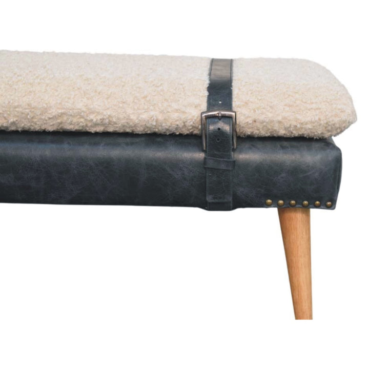 Boucle x Leather Upholstered Bench, Nordic Legs, Black and Beige