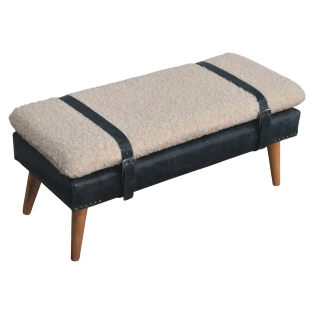 Boucle x Leather Upholstered Bench, Nordic Legs, Black and Beige