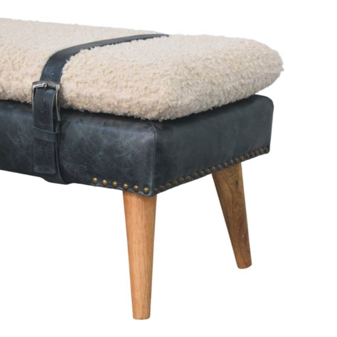 Boucle x Leather Upholstered Bench, Nordic Legs, Black and Beige