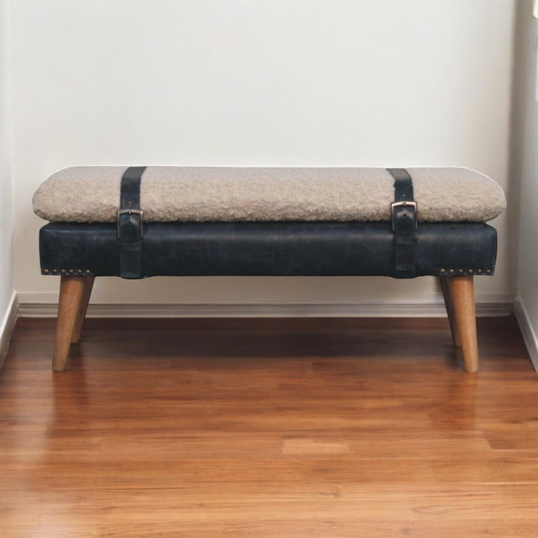 Boucle x Leather Upholstered Bench, Nordic Legs, Black and Beige
