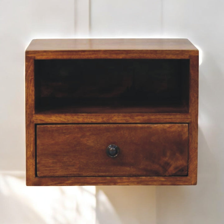 Solis 1-Drawer Chestnut Wall-Mounted Nightstand, 1 Open Slot, Brown
