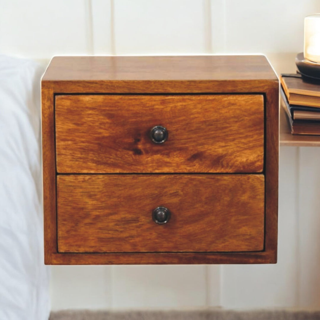 Solid Wood Solis Chestnut Nightstand, Wall-Mounted, 2-Drawers, Brown