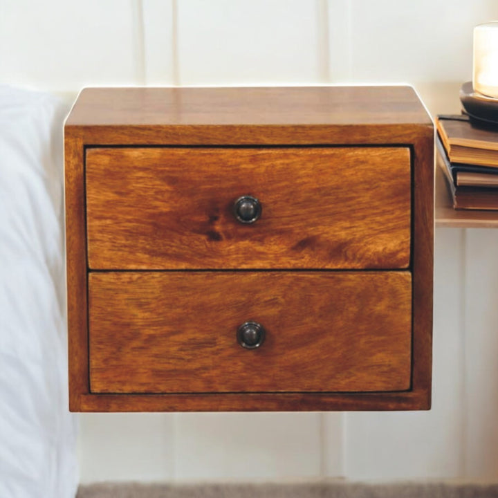 Solid Wood Solis Chestnut Nightstand, Wall-Mounted, 2-Drawers, Brown