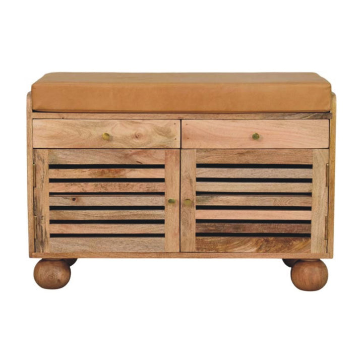 Shutter Shoe Rack, Leather Upholstered with 2-Drawers, 4-Storage Shelves, Oak-ish, Tan and Brown