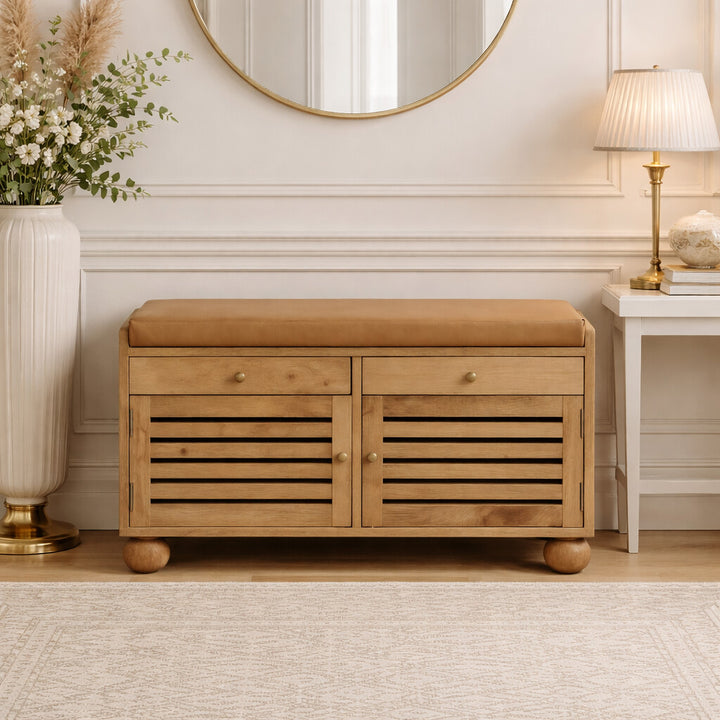 Shutter Shoe Rack, Leather Upholstered with 2-Drawers, 4-Storage Shelves, Oak-ish, Tan and Brown