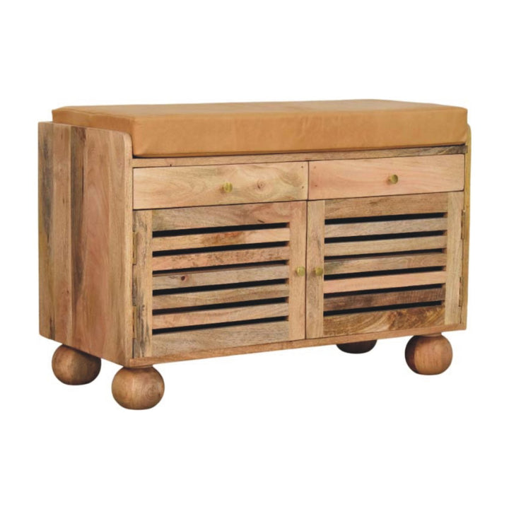 Shutter Shoe Rack, Leather Upholstered with 2-Drawers, 4-Storage Shelves, Oak-ish, Tan and Brown