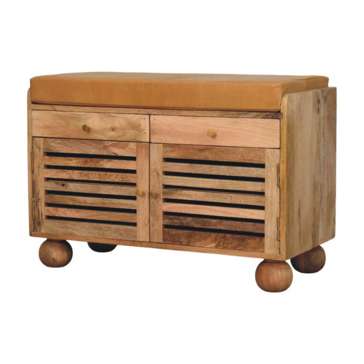 Shutter Shoe Rack, Leather Upholstered with 2-Drawers, 4-Storage Shelves, Oak-ish, Tan and Brown