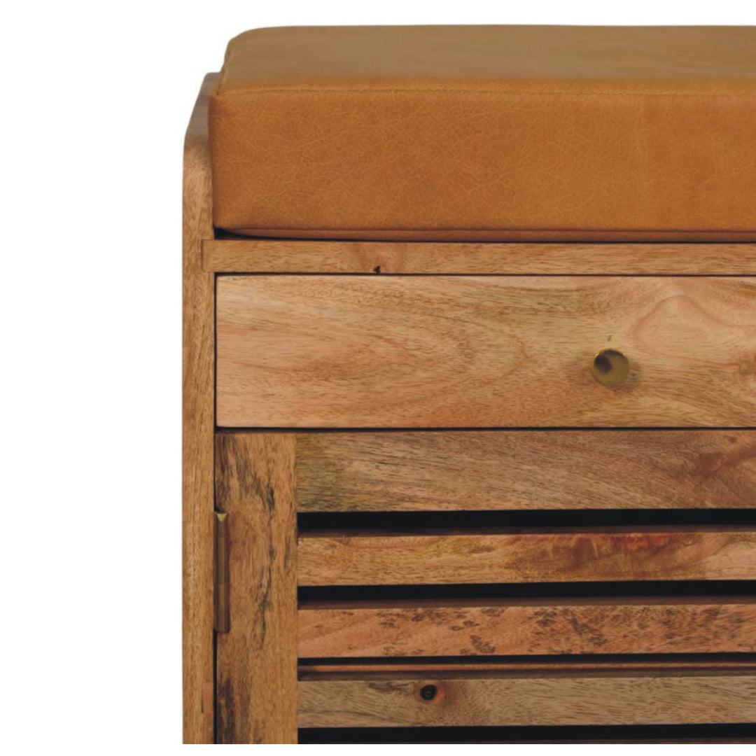 Shutter Shoe Rack, Leather Upholstered with 2-Drawers, 4-Storage Shelves, Oak-ish, Tan and Brown