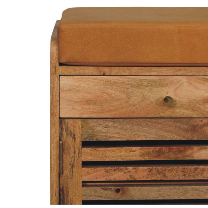 Shutter Shoe Rack, Leather Upholstered with 2-Drawers, 4-Storage Shelves, Oak-ish, Tan and Brown