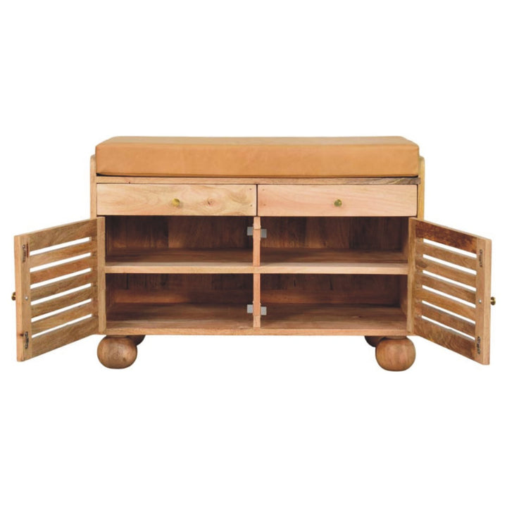 Shutter Shoe Rack, Leather Upholstered with 2-Drawers, 4-Storage Shelves, Oak-ish, Tan and Brown