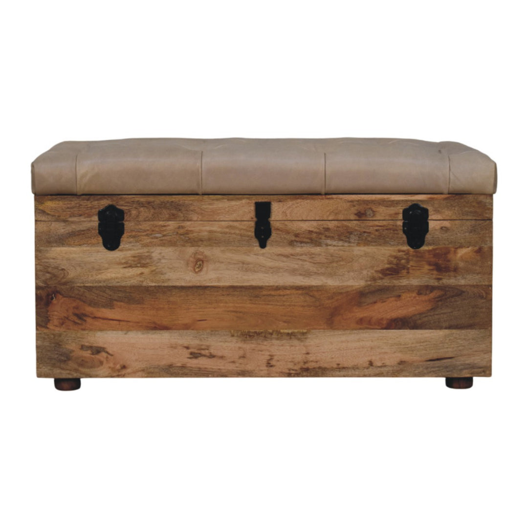 Solid Wood Buffalo Hide Leather Upholstered Storage Trunk, Beige and Brown