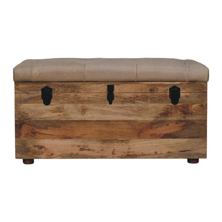 Solid Wood Buffalo Hide Leather Upholstered Storage Trunk, Beige and Brown