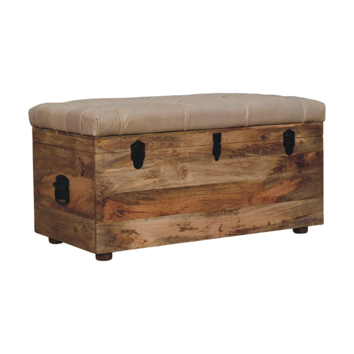 Solid Wood Buffalo Hide Leather Upholstered Storage Trunk, Beige and Brown