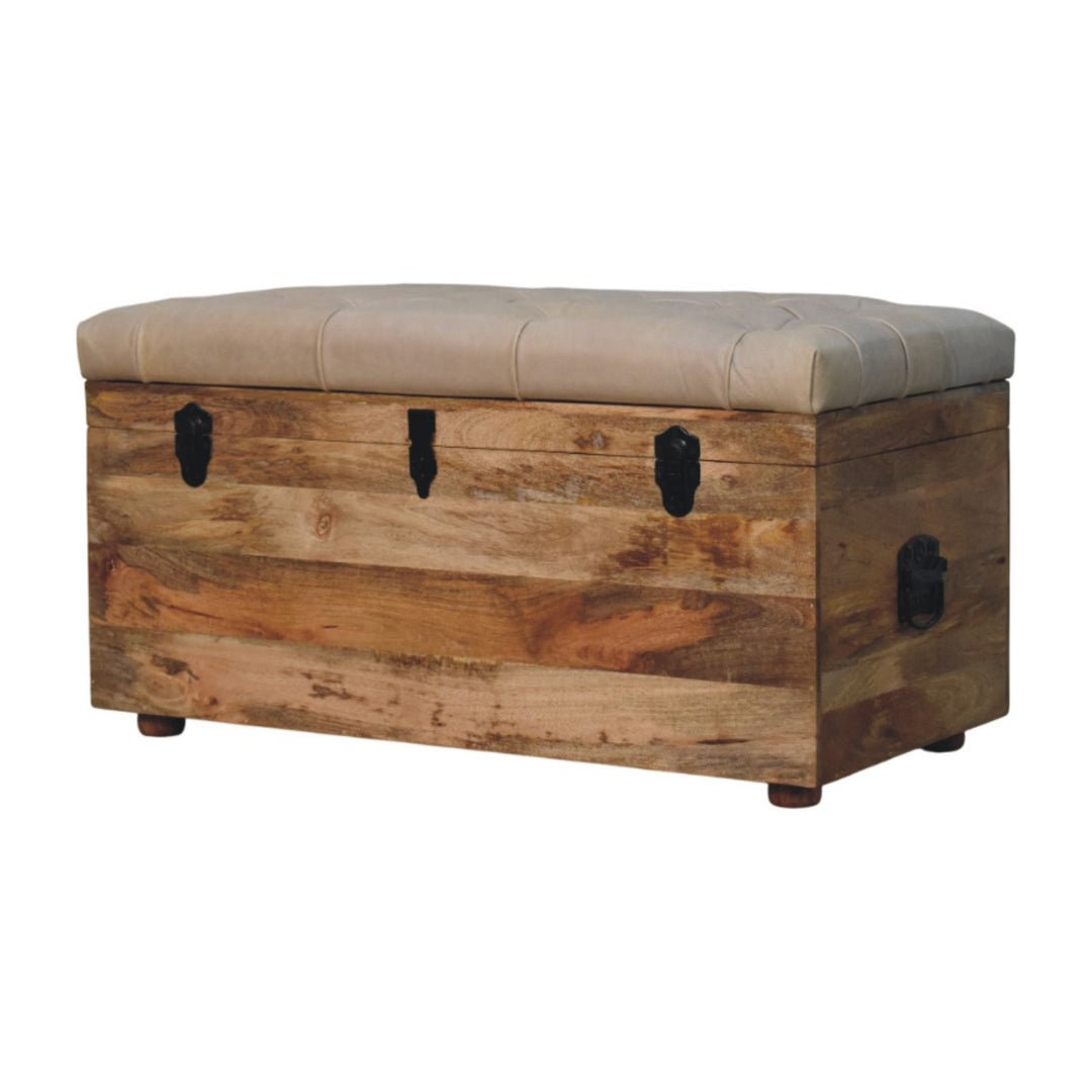 Solid Wood Buffalo Hide Leather Upholstered Storage Trunk, Beige and Brown
