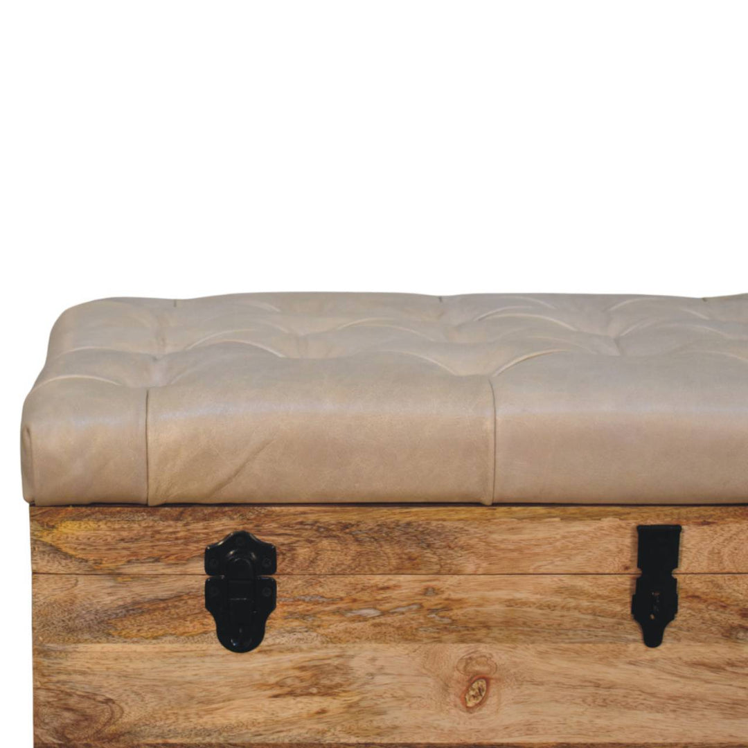 Solid Wood Buffalo Hide Leather Upholstered Storage Trunk, Beige and Brown