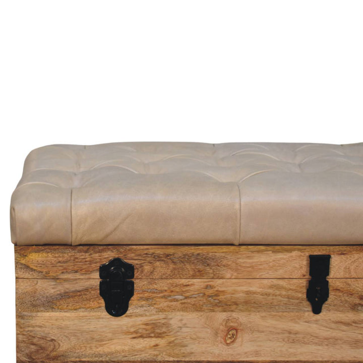 Solid Wood Buffalo Hide Leather Upholstered Storage Trunk, Beige and Brown