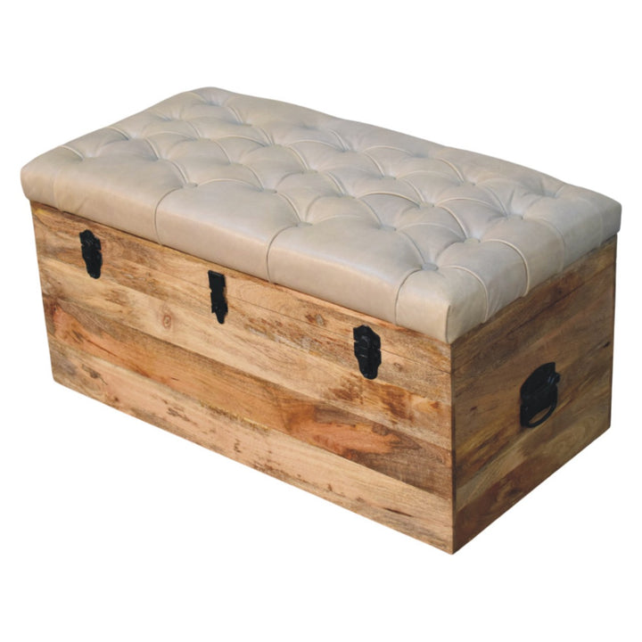 Solid Wood Buffalo Hide Leather Upholstered Storage Trunk, Beige and Brown