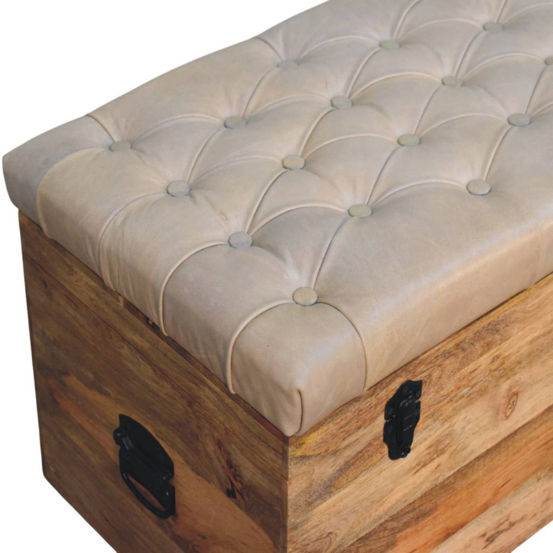 Solid Wood Buffalo Hide Leather Upholstered Storage Trunk, Beige and Brown