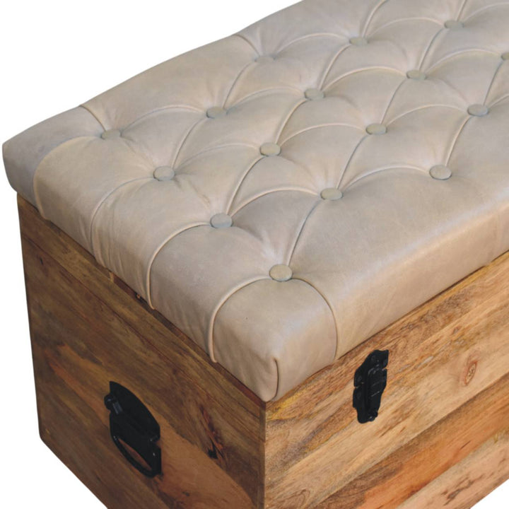 Solid Wood Buffalo Hide Leather Upholstered Storage Trunk, Beige and Brown