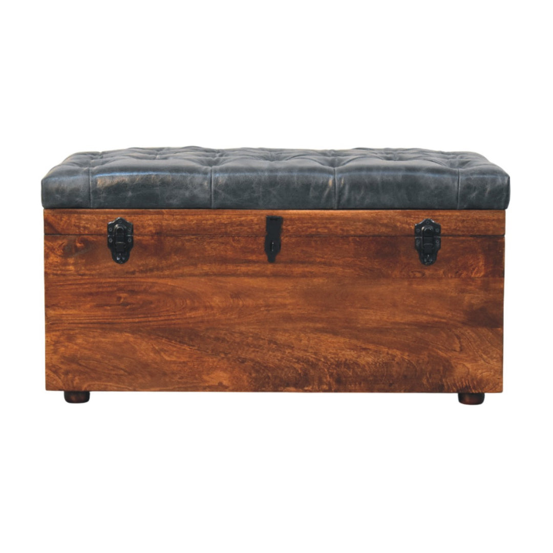 Solid Wood Black Buffalo Hide Leather Upholstered Storage Trunk