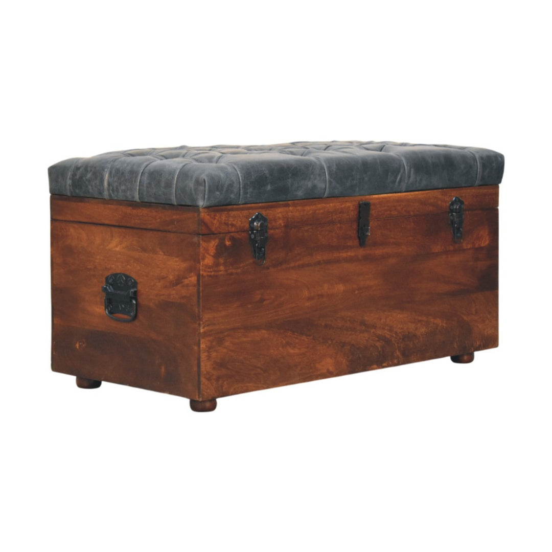 Solid Wood Black Buffalo Hide Leather Upholstered Storage Trunk