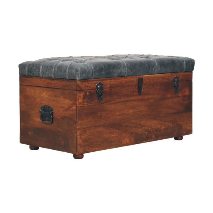 Solid Wood Black Buffalo Hide Leather Upholstered Storage Trunk