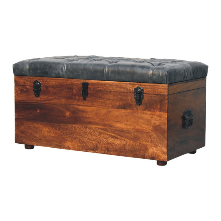 Solid Wood Black Buffalo Hide Leather Upholstered Storage Trunk