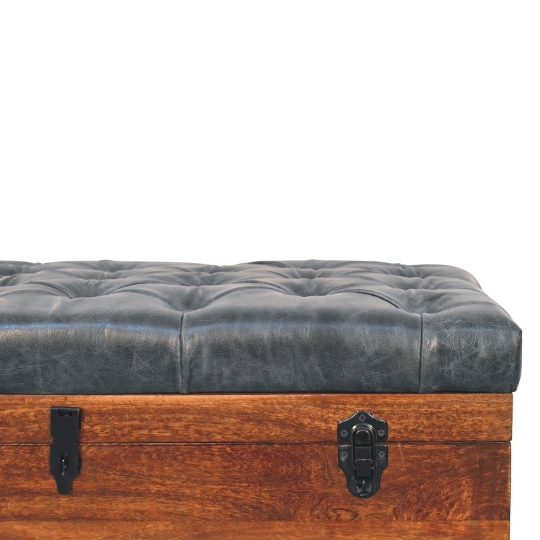 Solid Wood Black Buffalo Hide Leather Upholstered Storage Trunk