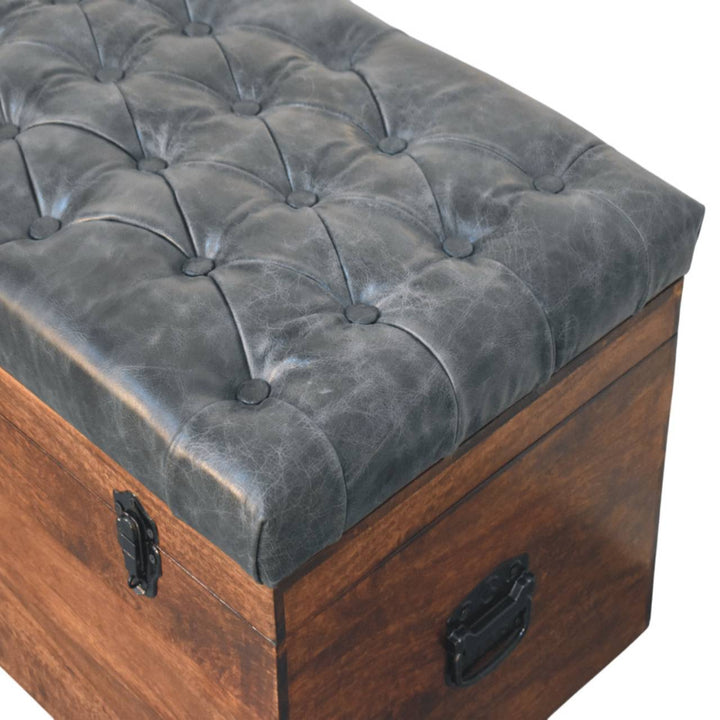 Solid Wood Black Buffalo Hide Leather Upholstered Storage Trunk