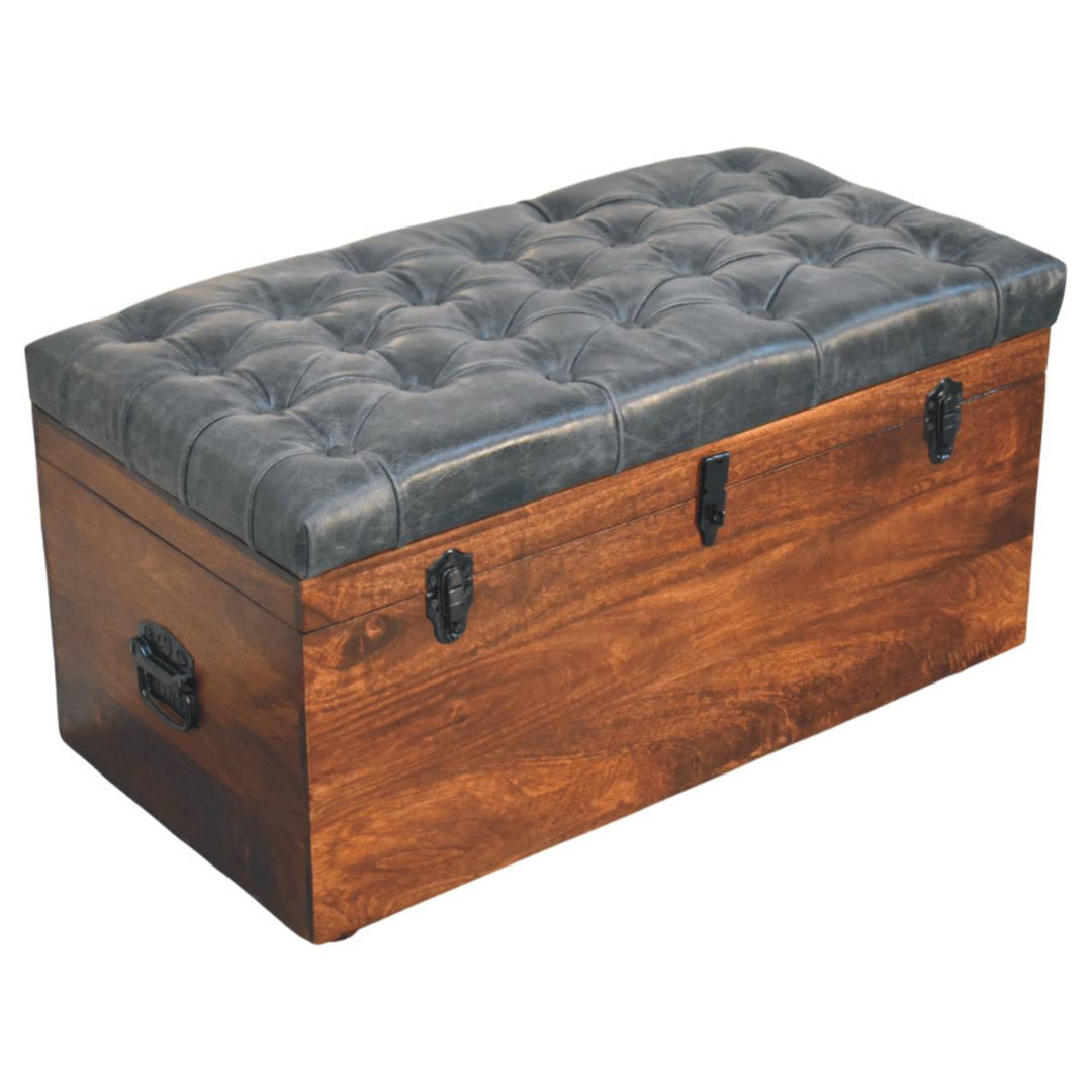 Solid Wood Black Buffalo Hide Leather Upholstered Storage Trunk