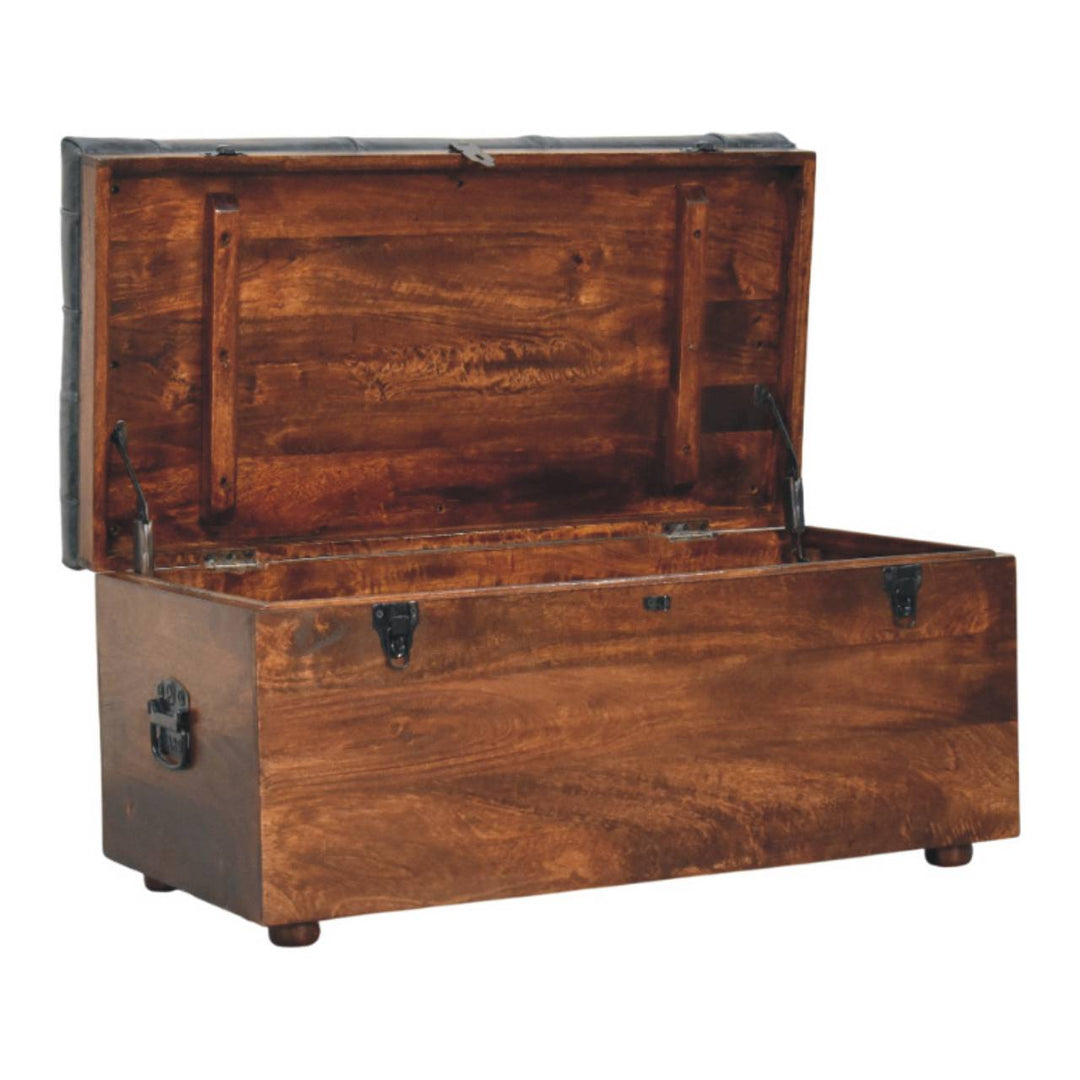 Solid Wood Black Buffalo Hide Leather Upholstered Storage Trunk
