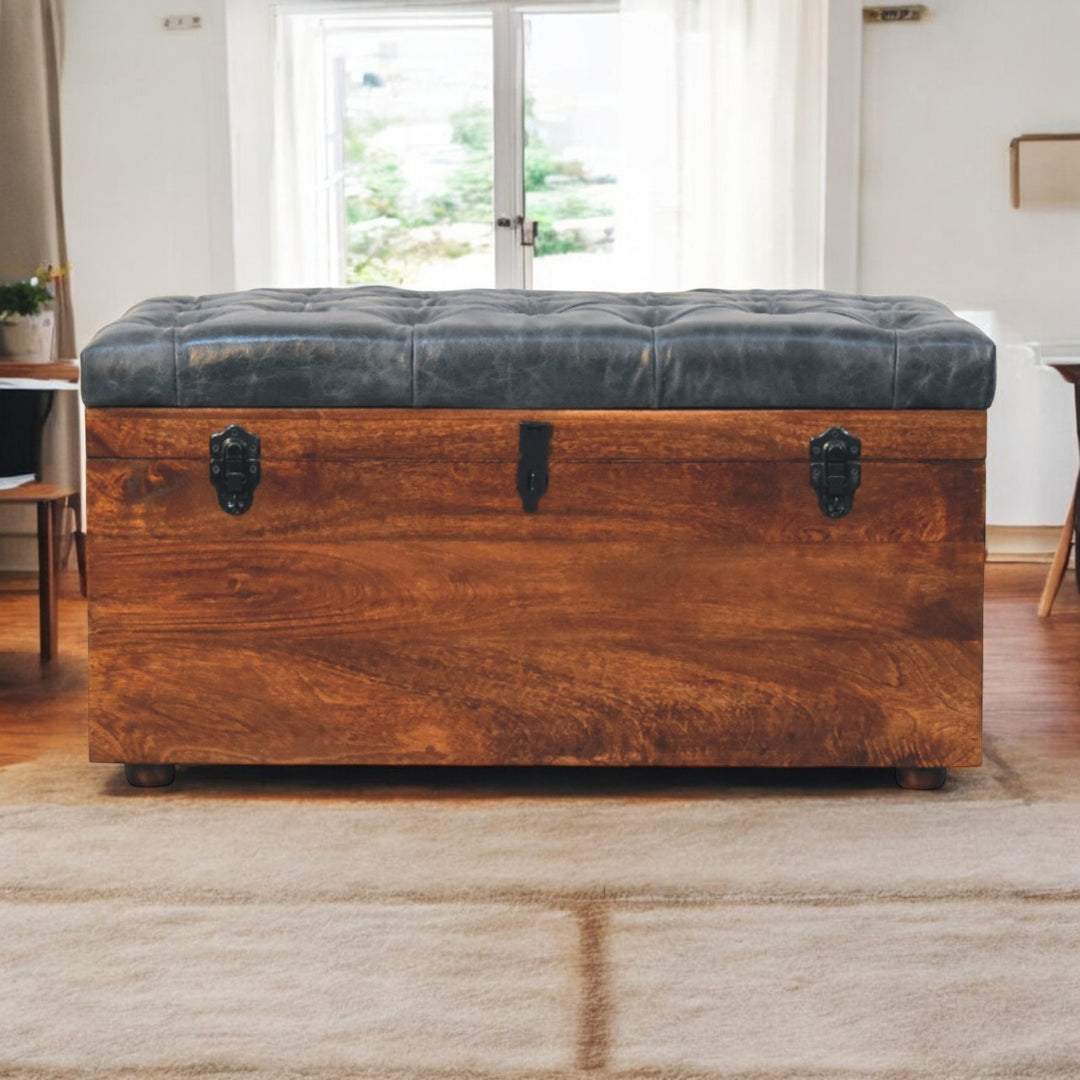 Solid Wood Black Buffalo Hide Leather Upholstered Storage Trunk