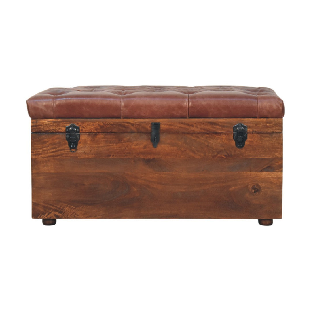 Solid Wood Brown Buffalo Hide Leather Upholstered, Storage Trunk