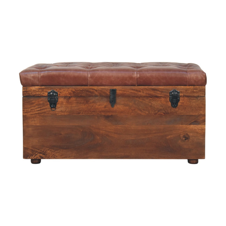 Solid Wood Brown Buffalo Hide Leather Upholstered, Storage Trunk