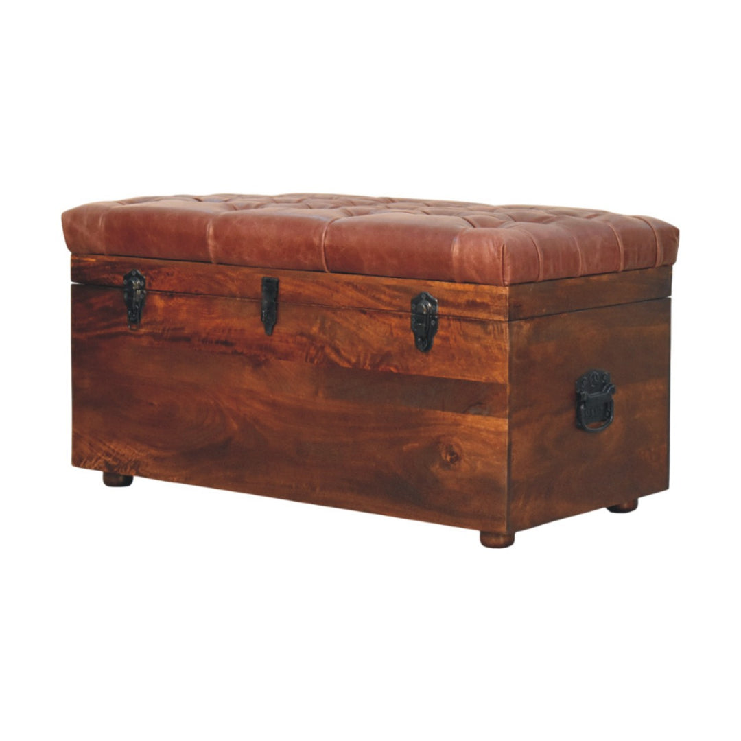 Solid Wood Brown Buffalo Hide Leather Upholstered, Storage Trunk