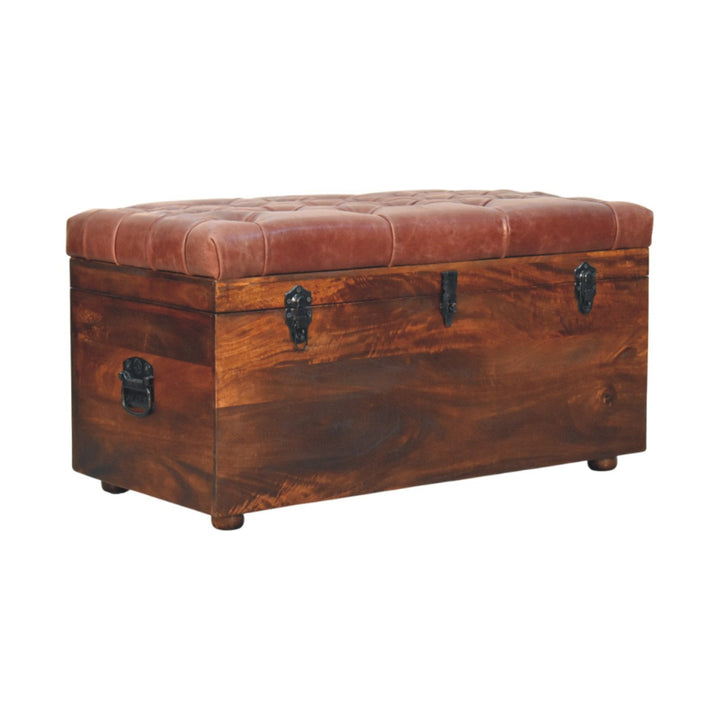 Solid Wood Brown Buffalo Hide Leather Upholstered, Storage Trunk