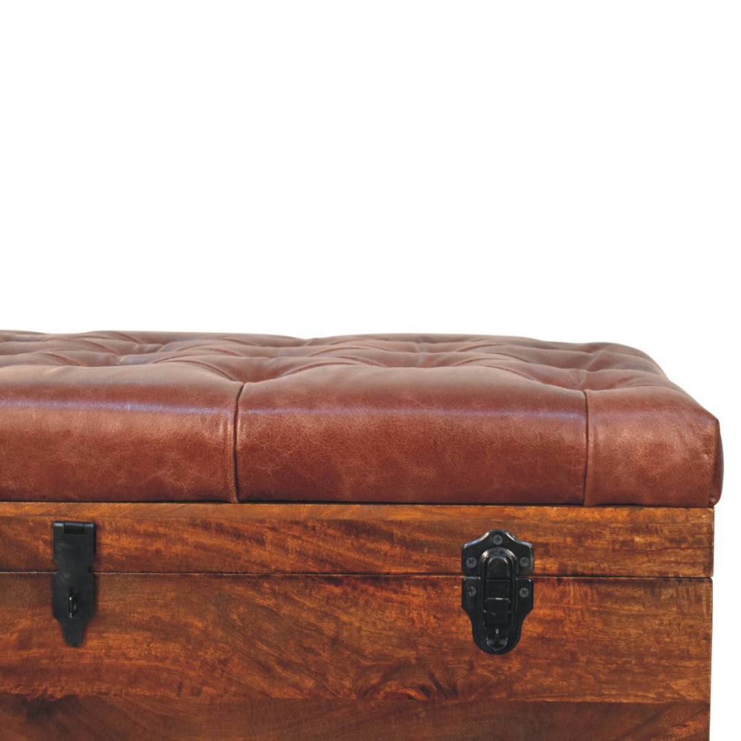 Solid Wood Brown Buffalo Hide Leather Upholstered, Storage Trunk