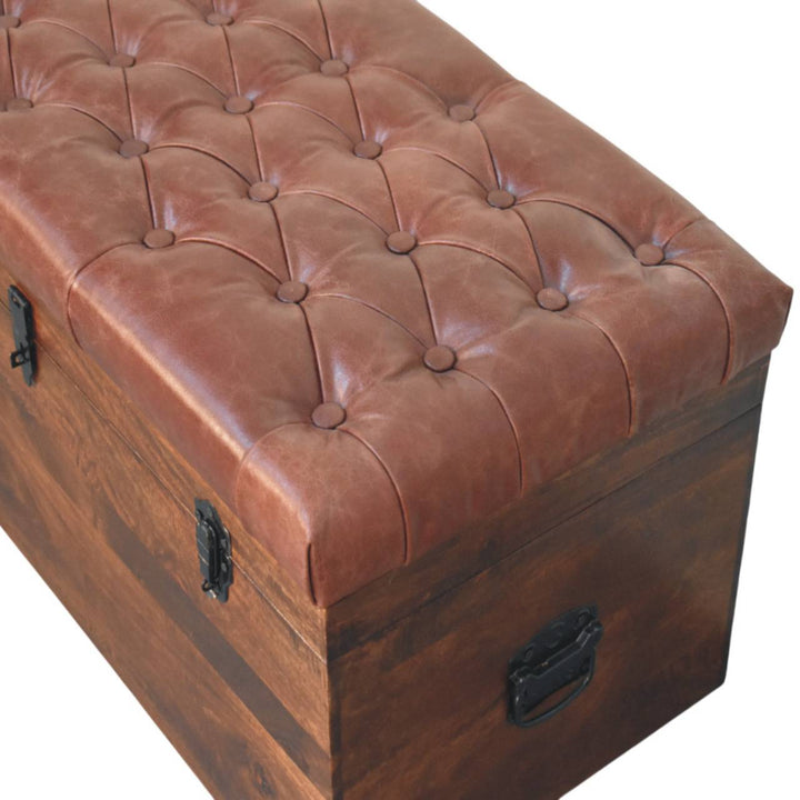 Solid Wood Brown Buffalo Hide Leather Upholstered, Storage Trunk