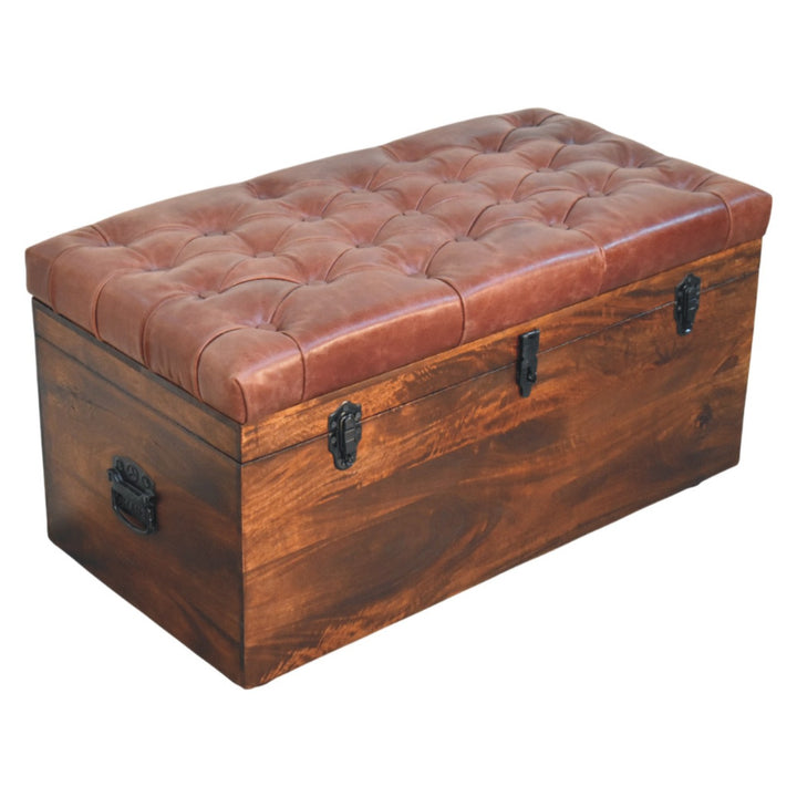 Solid Wood Brown Buffalo Hide Leather Upholstered, Storage Trunk