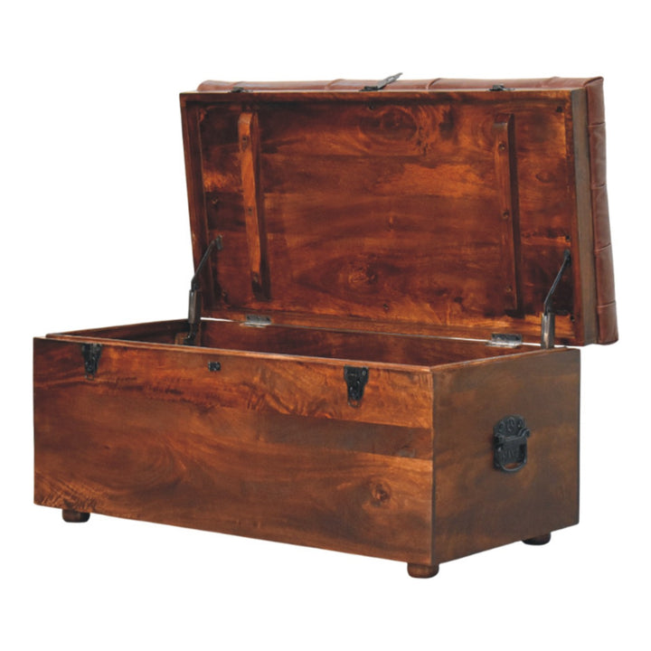Solid Wood Brown Buffalo Hide Leather Upholstered, Storage Trunk