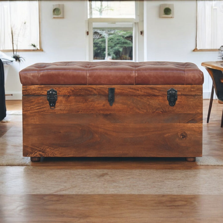 Solid Wood Brown Buffalo Hide Leather Upholstered, Storage Trunk