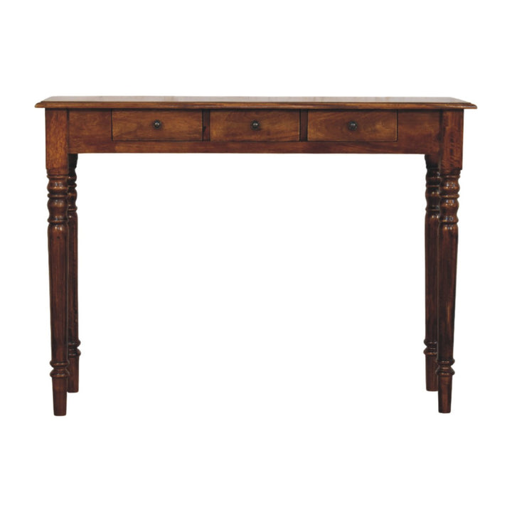 Solid Wood Console Table, Turned Legs, 3-Drawers, Chestnut, Brown