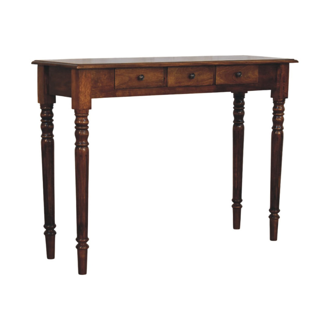 Solid Wood Console Table, Turned Legs, 3-Drawers, Chestnut, Brown