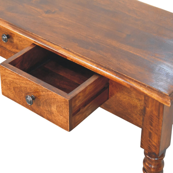 Solid Wood Console Table, Turned Legs, 3-Drawers, Chestnut, Brown