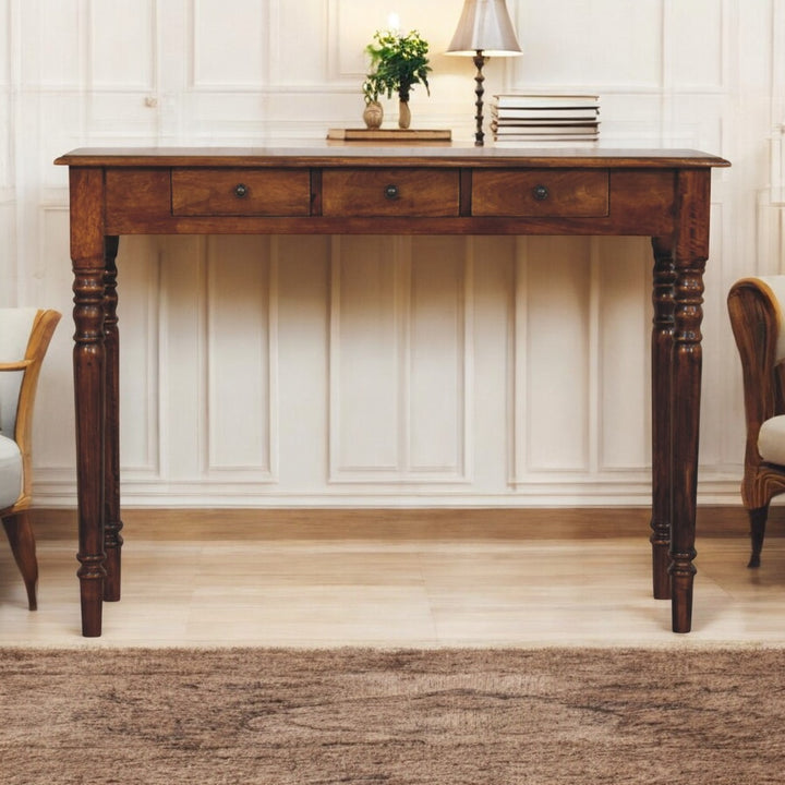 Solid Wood Console Table, Turned Legs, 3-Drawers, Chestnut, Brown