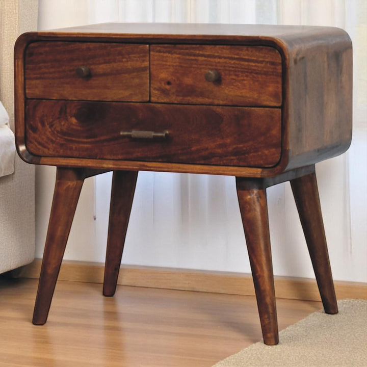 Solid Wood Avora Nightstand, 3-Drawers, Chestnut, Dark Brown