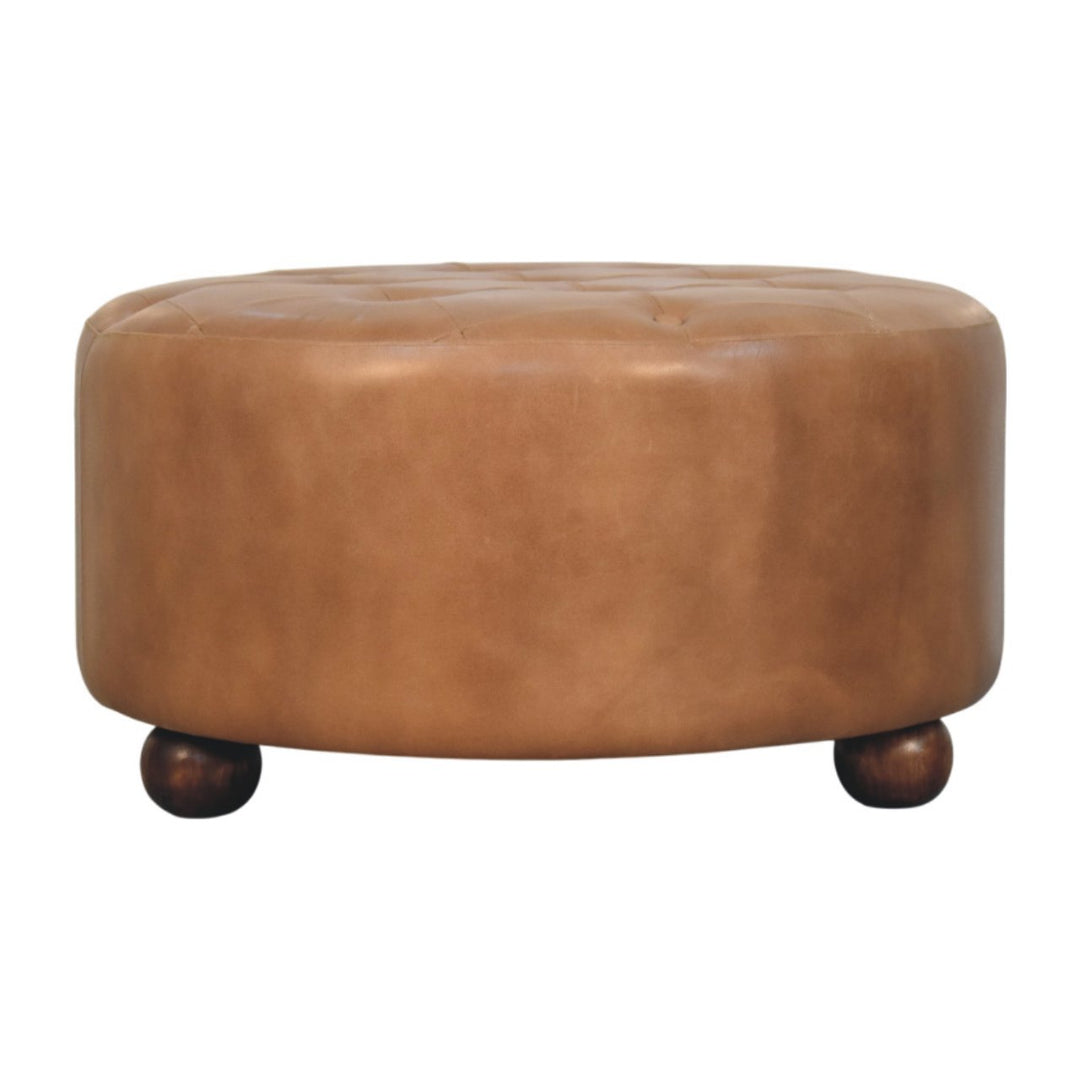 Brown Buffalo Hide Leather Upholstered, Round Ottoman, Tan and Brown