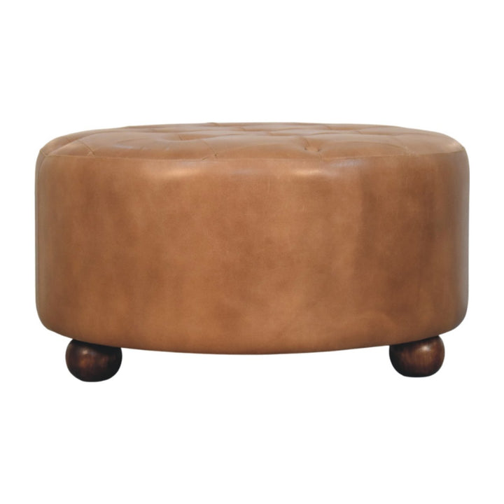 Brown Buffalo Hide Leather Upholstered, Round Ottoman, Tan and Brown