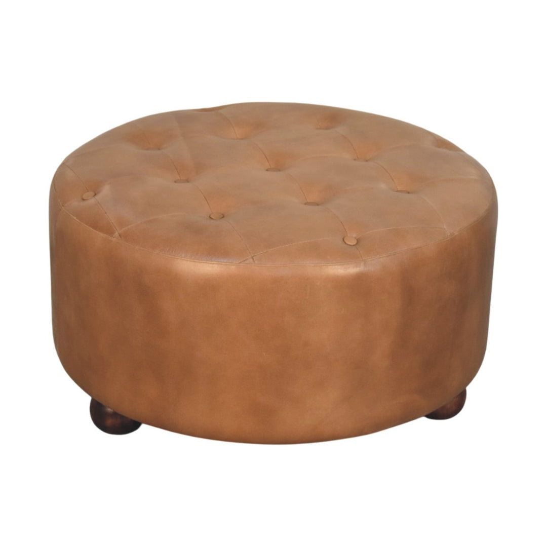 Brown Buffalo Hide Leather Upholstered, Round Ottoman, Tan and Brown